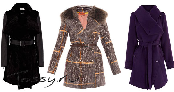 Женское пальто черного и фиолетового цвета, а также пальто в полосочку