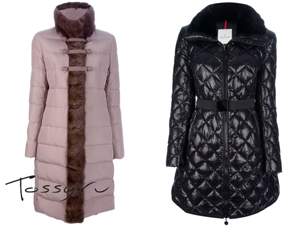 Розовое пальто с мехом и черное стеганное