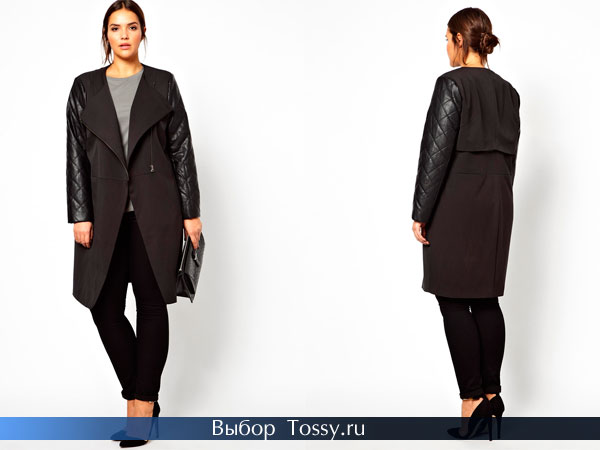 Удлиненное пальто черного цвета с кожаными рукавами