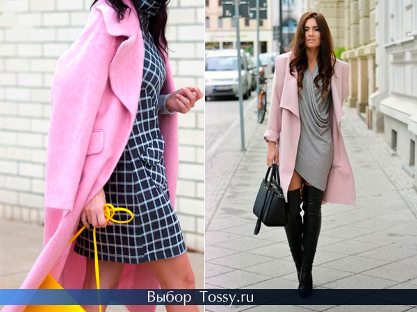 Розовое пальто в сочетании со строгим платьев
